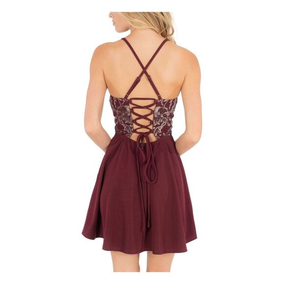 SPEECHLESS Womens Fit + Flare Short Dress Maroon Spaghetti Strap Party Juniors 0 - Picture 3 of 4